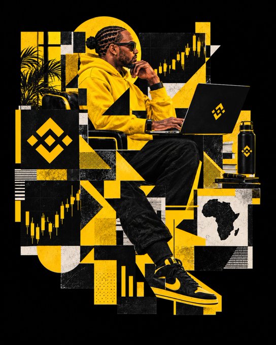 A stylized black-and-yellow collage shows a man in sunglasses and a yellow hoodie working on a laptop, surrounded by Binance logos, candlestick charts, geometric shapes, a water bottle, and a map of Africa. No clear text or numbers are visible, and the post’s joking “mural of me” caption plays on the artwork’s portrait-like composition.
