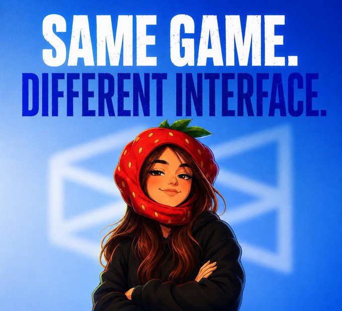 A stylized illustration of a woman wearing a strawberry-shaped hood and black hoodie, with text reading "SAME GAME. DIFFERENT INTERFACE." against a blue background featuring a geometric shape. The image reinforces the post's message by visually suggesting that various speculative activities (crypto trading, sports betting, and prediction markets) are all different "interfaces" or entry points into the same underlying act of placing probability-based bets on future outcomes.