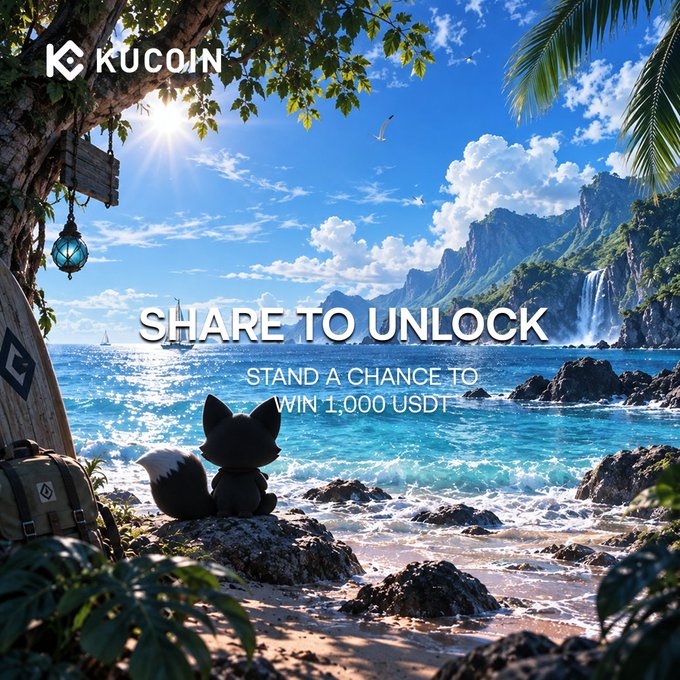 A KuCoin promotional image featuring a black cat figurine on a tropical beach with the text "SHARE TO UNLOCK" and "STAND A CHANCE TO WIN 1,000 USDT".