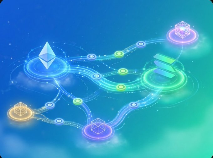 Digital artwork depicting a glowing blue and green blockchain/network diagram with interconnected nodes featuring cryptocurrency icons including Ethereum and Solana logos.