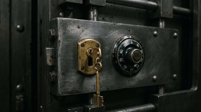 A heavy steel vault door featuring an ornate brass keyhole and a combination dial marked 0-90 being turned by an inserted key. The image serves as a metaphor for the post's point about multisig security—suggesting that true protection comes from verifying each signer's identity through a hardware key, rather than relying on vulnerable individual devices.