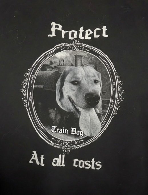 A black t-shirt with white text reading "Protect Train Dog At all costs" around an ornate oval frame containing a photo of a beagle-type dog.