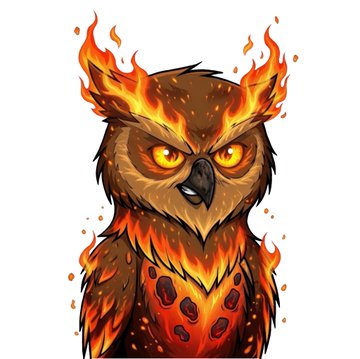 A cartoon illustration of an angry owl with flames emanating from its head and fiery orange feathers against a white background.