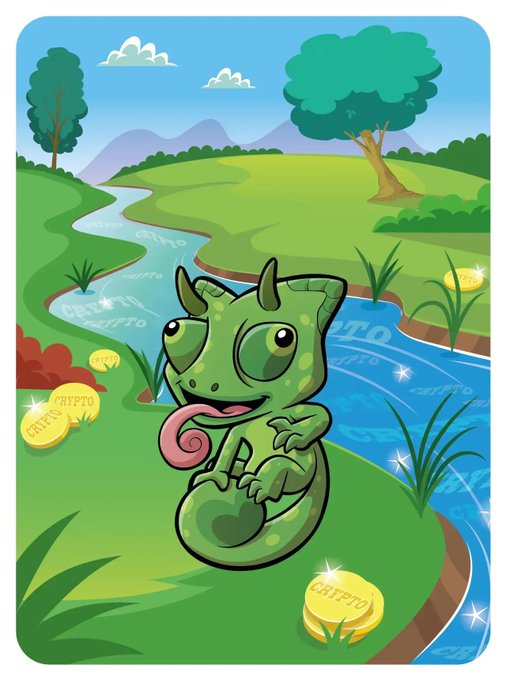 A cartoon illustration of a green chameleon-like crypto meme creature sitting on grass near a stream, with "CRYPTO" coins scattered around in a scenic landscape.