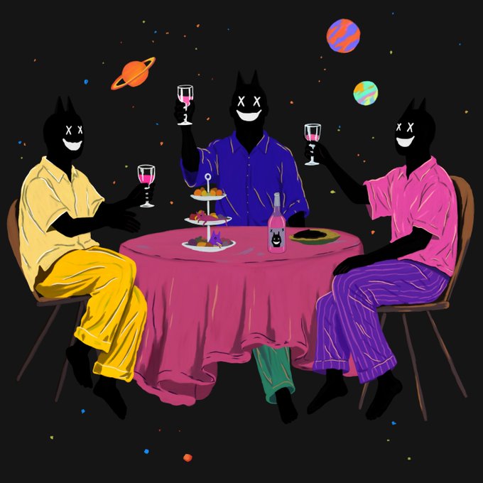 An illustration of three silhouetted figures with cat ears toasting with wine glasses at a pink table set in outer space with planets in the background.