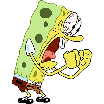 A cartoon depiction of SpongeBob SquarePants with bulging, bloodshot eyes and a clenched fist, appearing shocked and angry. The image humorously amplifies the post's expression of disbelief and frustration at being repeatedly asked the same question, with SpongeBob's dramatic reaction mirroring the "more offended than being asked which Korea are you from" sentiment.