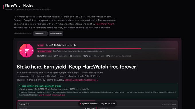 A webpage for 'FlareWatch Nodes' showing Flare Mainnet validator statistics, including '1,438,041 staked' FLR and details on earning yield through staking.
