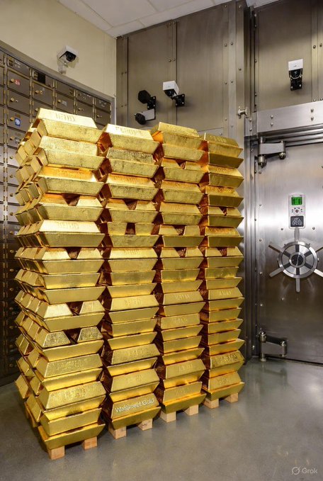 A photograph showing stacks of gold bars piled in front of a large bank vault door and safety deposit boxes inside a secure vault room, with a 'Grok' watermark.