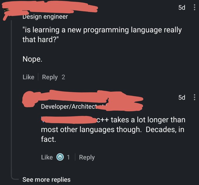 The image shows a text message or email with a red background, which has been edited for clarity purposes. The main content of the message includes a quote from an architect about learning new programming languages, along with some text that says "Design engineer" and "Developer/Architect". The message also contains a link to a website called "see more replies", suggesting that there might be additional information or feedback related to the quote in the email.