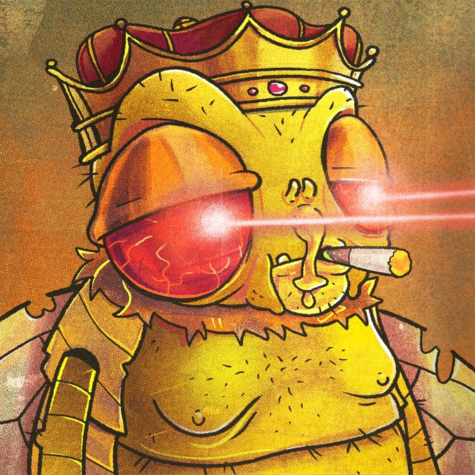 The image features a cartoon fly with a yellow body, wearing a red crown and holding a cigarette in its mouth. The caption reads "Checker is Live! We heard the community and added 15 extra minutes to GTD." This suggests that the artist has created this illustration as part of an online art project or collection, possibly related to the concept of time management or productivity.