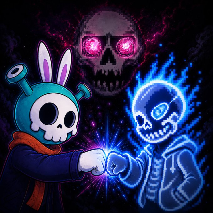 A dark, stylized digital artwork featuring a pixelated skull with glowing pink eyes in the background, while a cartoonish rabbit-skull character in a teal hood fist-bumps with a blue glitchy skeletal figure.
