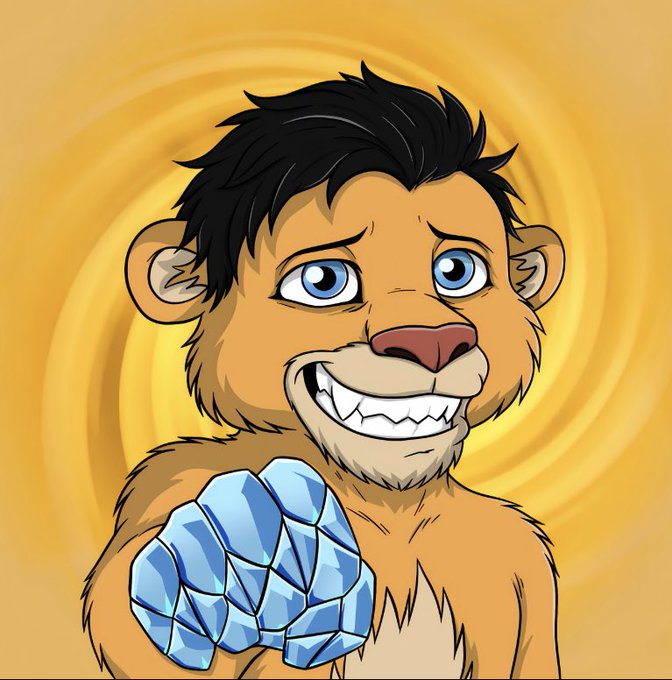 An animated illustration of a lion cub with black hair and blue eyes, smiling and holding a large blue diamond or gem in its paw, set against a yellow swirled background.