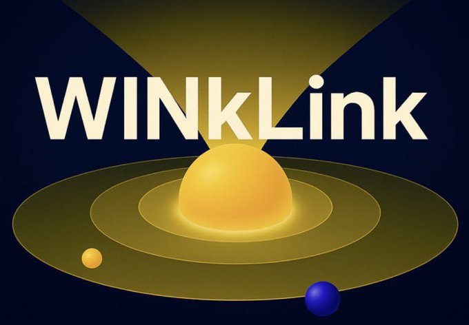 A stylized graphic featuring the text "WINKLink" above a glowing yellow orb surrounded by concentric orbital rings, with small yellow and blue spheres orbiting along the rings against a dark background—evoking a central data source radiating verifiable information, aligning with the post's message about oracles providing more than just simple price feeds.