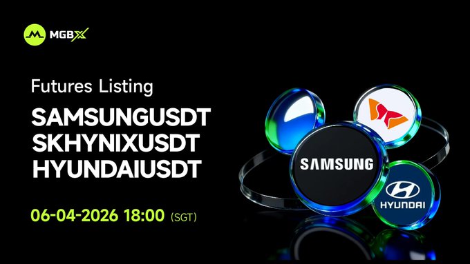 The image features a poster for an event related to Futures Trading, specifically listing companies like Samsung and Hyundai. The poster displays various logos of these companies along with text that reads "SAMSUNGUSDT, SKHYNIXUSDT, HYUNDAIUSDT Perpetual Futures! Trading Opens: June 4, 2026, 18:00 (SGT) More Details: support.mgbx.com/hc/en-gb/artic". The poster is predominantly black and white with a few colors used to represent the companies' logos. The event's date, time, and location are also provided in the image.