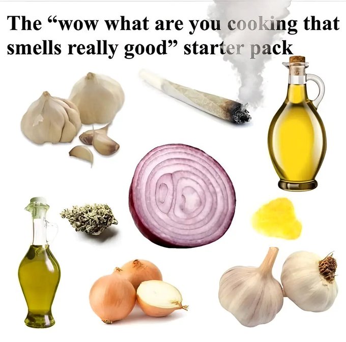 Meme labeled 'The "wow what are you cooking that smells really good" starter pack' showing collaged images of garlic, red onion, olive oil, and a joint.