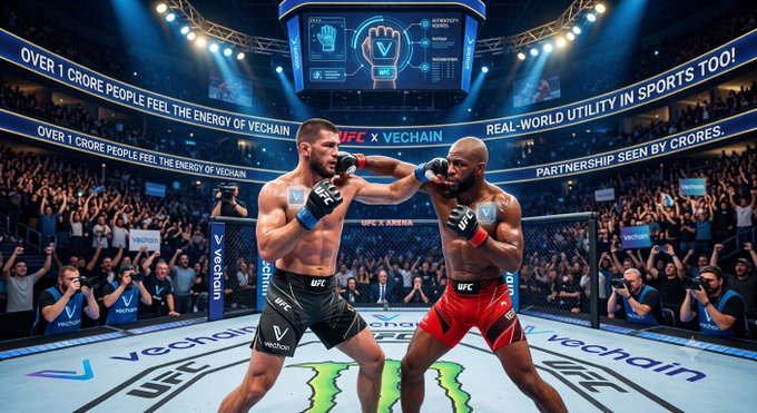 Two UFC fighters battle inside the octagon surrounded by VeChain branding and banners highlighting "OVER 1 CRORE PEOPLE FEEL THE ENERGY OF VECHAIN" and "REAL-WORLD UTILITY IN SPORTS TOO," visually reinforcing the post's message about VeChain's ($VET) mainstream global sports partnership with UFC.
