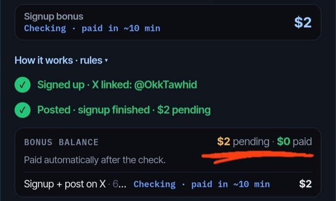 The image shows a signup bonus dashboard displaying a $2 reward for signing up and linking the X account @OkkTawhid, with $2 marked as "pending" and $0 as "paid," advertised as being paid in approximately 10 minutes—a promotional offer from @gomo_family that claims to reward X Premium users who complete signup, link accounts, and submit a post link via gomofamily.life.