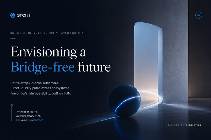 The image features a blue ball with a white stripe on it placed on a gray floor next to an open door. The background of the image is dark, making the colors of the ball stand out prominently. The text "Envisioning a Bridge-Free Future" is written in black at the top of the image, and below that, there are descriptions about building the next liquidity layer for TON.