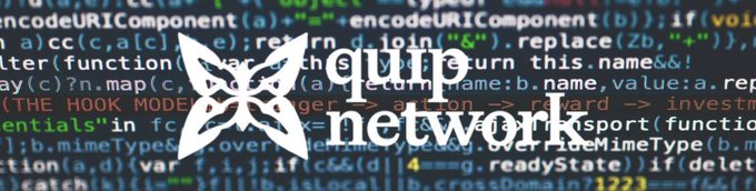 A logo for 'quip network' displayed in white text with a butterfly icon, set against a background of colorful computer code.