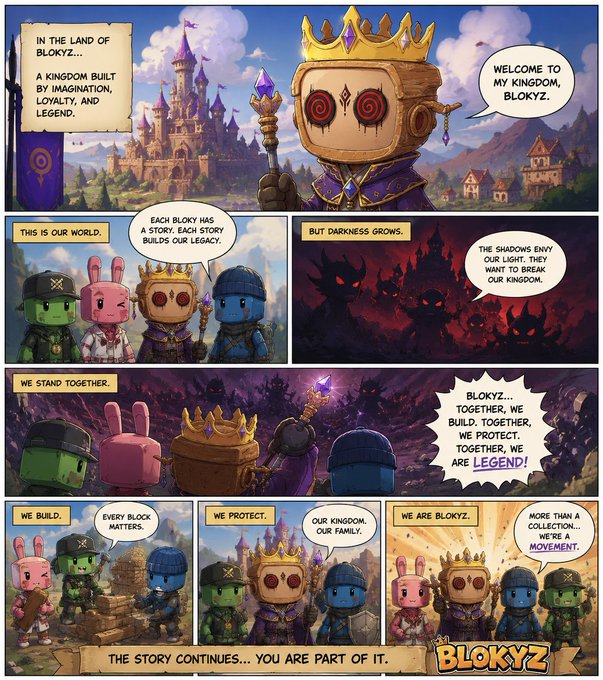 A comic book page titled "BLOKYZ" depicting blocky characters in a kingdom, with narrative about unity against shadows, ending with "THE STORY CONTINUES... YOU ARE PART OF IT."