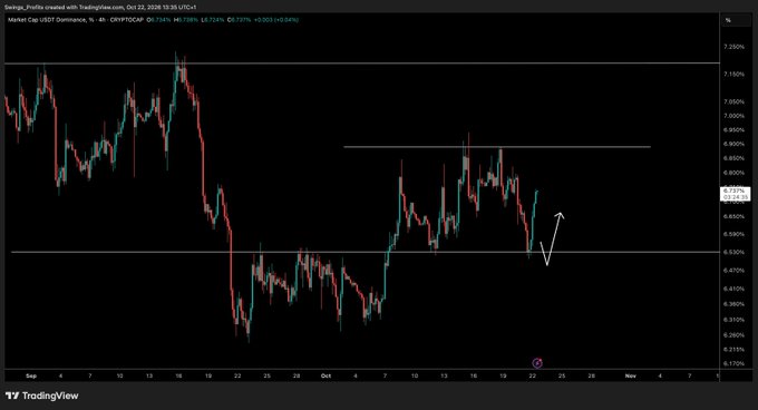 TradingView chart showing USDT dominance (ticker **USDT.D**), with price dropping sharply before rebounding from roughly **6.3%** and trading near **6.7–6.8%**. The setup supports the accompanying forecast of short-term downside and a possible retest of the **8.9%** range high.
