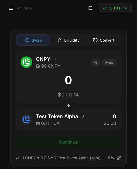 A dark-themed cryptocurrency swap interface shows a token exchange between CNPY (99 CNPY balance) and Test Token Alpha (0.71 TCA balance), with a swap rate of 1 CNPY ≈ 0.716297 Test Token Alpha at 5% slippage.