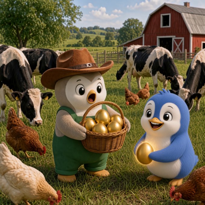 A 3D animated scene of two cartoon characters—a bear in a cowboy hat holding a basket of golden eggs and a blue penguin—standing in a farmyard with chickens, cows, and a red barn in the background.