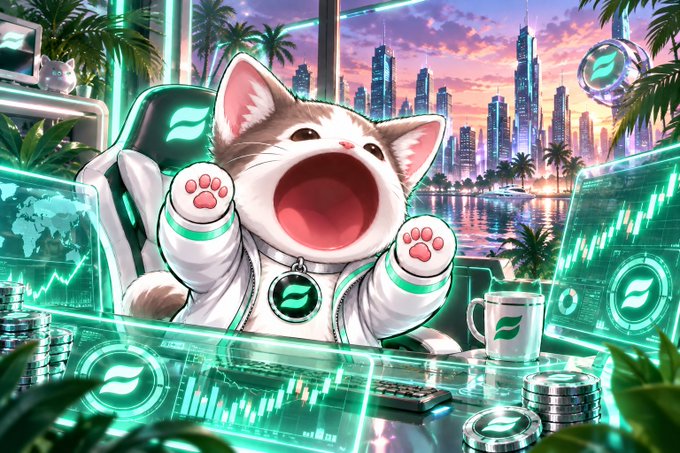 Digital illustration of an excited cartoon cat wearing a spacesuit-like outfit with a 'S' (likely Solana) logo, sitting at a desk with multiple monitors displaying crypto charts, with a futuristic cityscape and waterfront behind it.