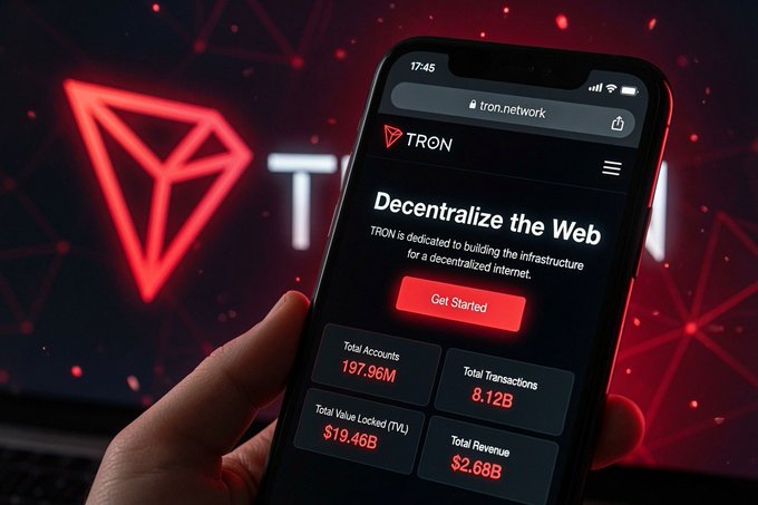 A hand holds a smartphone displaying the TRON (TRX) website with statistics including 197.96M Total Accounts, 8.12B Total Transactions, $19.46B TVL, and $2.68B Revenue, set against a dark background with glowing red TRON logos and network graphics. The image visually reinforces the post's argument by showcasing TRON's massive user base and transaction volume—the proof points of "network economics" that the text credits for TRON's success over technically superior competitors.