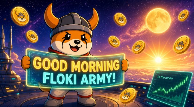 A cheerful cartoon Shiba Inu dog dressed as a Viking holds a "GOOD MORNING FLOKI ARMY!" sign, surrounded by floating Floki coins against a sunset space backdrop with a "to the moon" chart.