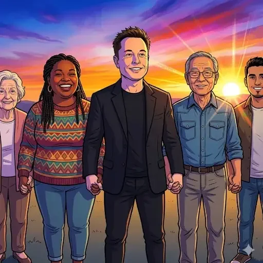 An illustrated cartoon-style image showing Elon Musk in the center holding hands with four diverse people (including an elderly woman, a Black woman in patterned sweater, an older Asian man, and a younger man) against a sunset background.