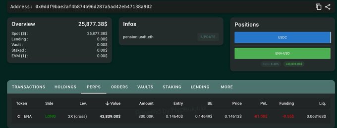 A cryptocurrency portfolio dashboard showing address 0x8ddf9bae2af4b874b96d287a5ad42eb4713a9a92 with a spot balance of $25,877,385, positions in USDC and ENA-USD, and a perpetual holding of ENA long at 2X leverage showing a -$1,005 PnL.