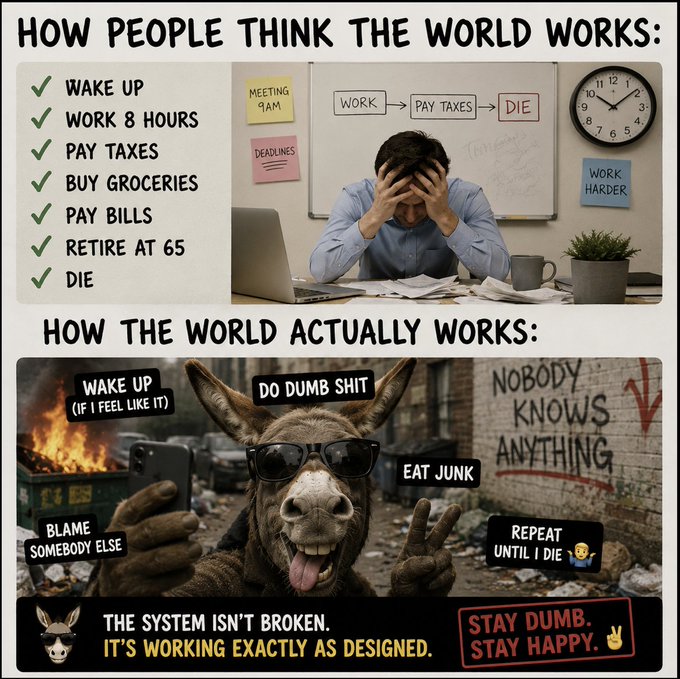 A satirical meme contrasting 'How People Think the World Works' (wake up, work 8 hours, pay taxes, die) with 'How the World Actually Works' (wake up if I feel like it, do dumb shit, eat junk, blame somebody else, repeat until I die), featuring a stressed man and a sunglasses-wearing donkey, with the caption 'The system isn't broken. It's working exactly as designed. Stay dumb. Stay happy.'