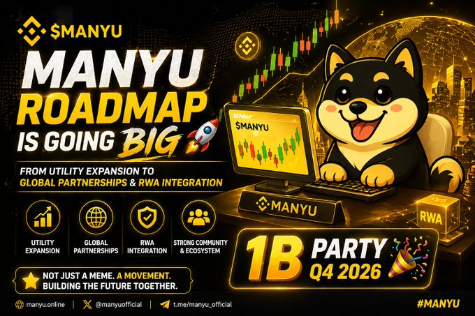 A vibrant promotional graphic for the $MANYU cryptocurrency, featuring a cartoon Shiba Inu at a computer displaying a bullish green candlestick chart, with text announcing "MANYU ROADMAP IS GOING BIG — FROM UTILITY EXPANSION TO GLOBAL PARTNERSHIPS & RWA INTEGRATION" and highlighting a "1B PARTY Q4 2026" milestone. The image visually reinforces the post's sentiment by showing strong upward price momentum and ambitious growth plans, suggesting that $MANYU's rising chart and roadmap signal a promising upward trajectory.
