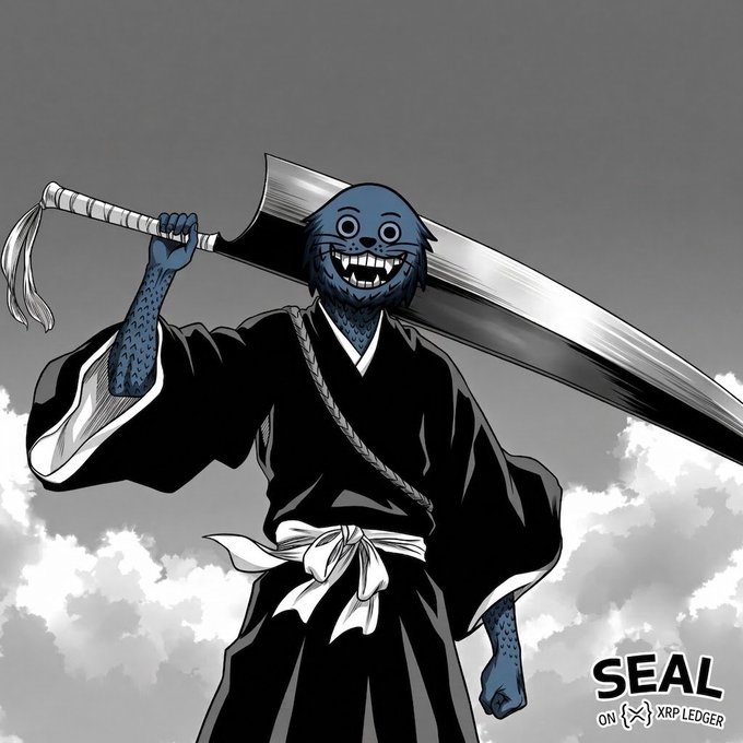 A manga/anime illustration of a blue, smiling creature wearing a black kimono and holding a massive sword over its shoulder, with a 'SEAL ON XRP LEDGER' watermark in the corner.