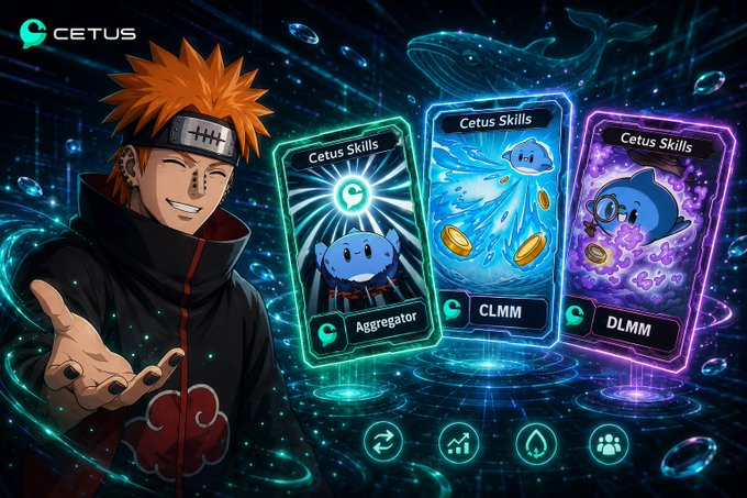 The image features a cartoon character wearing a red hat, standing next to three cards with different game characters on them. The character has their hand outstretched towards the cards, suggesting they are ready for a game or competition involving these characters. The text in the image reads "@CetusProtocol just launched Cetus Skills on Sui This is essentially a toolkit that allows AI agents to interact directly with Cetus instead of relying on users clicking through a frontend: ...Agregator, CLMM, DLMM".