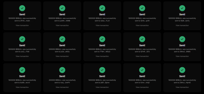 The image displays a grid of 15 transaction confirmation screens, each showing successful sends of either 100,000 or 200,000 $RBULL tokens to various Solana wallet addresses ending in suffixes like .hash, .itMb, .TLxX, .qHb, .J9m, .Umy, .J4F, .rmB, and .epmE. This serves as visual proof of the $RBULL airdrop campaign, demonstrating that multiple wallets have each received the promised 100,000 $RBULL tokens as advertised in the accompanying promotional post.