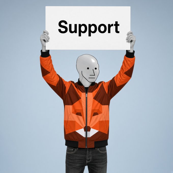 A figure wearing a white featureless mask and an orange geometric-patterned hoodie holds up a white sign with the word 'Support' written in bold black letters.
