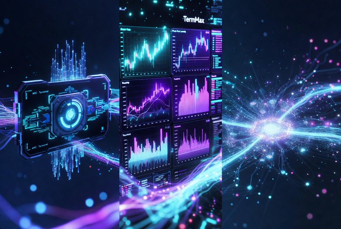 A futuristic digital dashboard displaying neon cryptocurrency and stock market charts with the label 'TermMax' at the top, featuring glowing data visualizations in blue, pink, and cyan tones.
