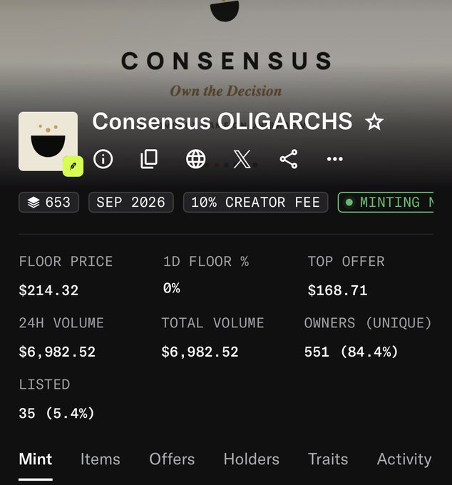 A mobile screenshot of an NFT marketplace showing a collection called 'Consensus OLIGARCHS' with the tagline 'Own the Decision', displaying metrics like floor price ($214.32), 24H volume ($6,982.52), and 551 owners (84.4%).