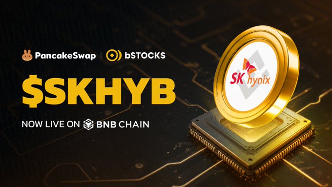 Promotional banner featuring a gold SK hynix coin atop a circuit board, announcing "$SKHYB Now Live on BNB Chain" via PancakeSwap and bStocks.