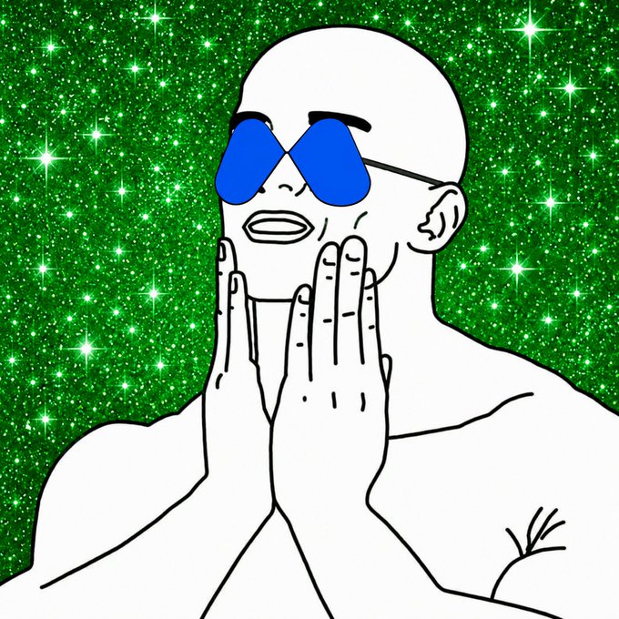 A stylized digital illustration shows a line-drawn bald figure wearing blue sunglasses, holding their face in both hands against a sparkly green background.