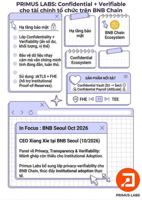 An illustrated Primus Labs graphic titled “Confidential + Verifiable cho tài chính tổ chức trên BNB Chain” highlights Confidential Vault (Sử Số), Confidential Payroll (AllScale), FHE, zkTLS, and Proof-of-Reserves. It also features “In Focus: BNB Seoul Oct 2026” and “CEO Xiang Xie tại BNB Seoul (10/2026),” reinforcing the post’s claim that Primus Labs adds institutional privacy and verifiability to BNB Chain without creating a separate privacy chain.