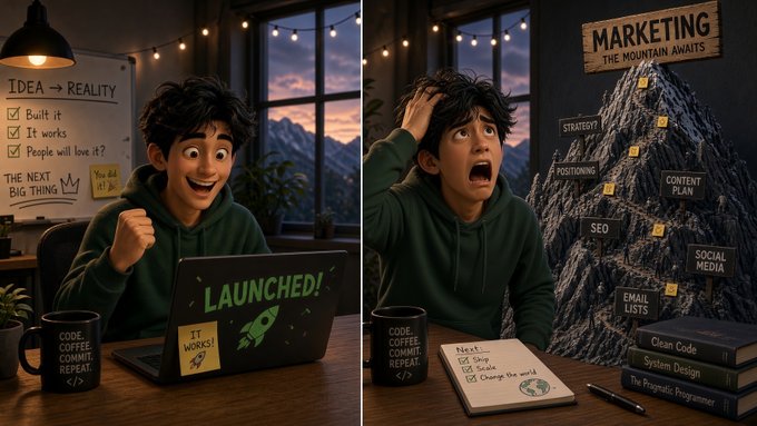 A two-panel illustration contrasts a cheerful person celebrating a successful product launch on the left ('LAUNCHED!') with a panicked person facing a daunting 'MARKETING' mountain on the right.