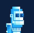 Small pixel art sprite of a blue dinosaur or dragon character with a smiling face.