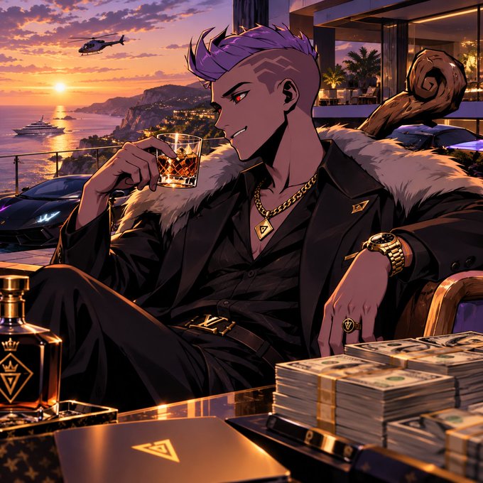 An anime-style character with purple hair, horns, and a fur-collared black coat sits in a lavish setting holding a glass of whiskey, surrounded by stacks of money, with a sunset coastline and helicopter in the background.