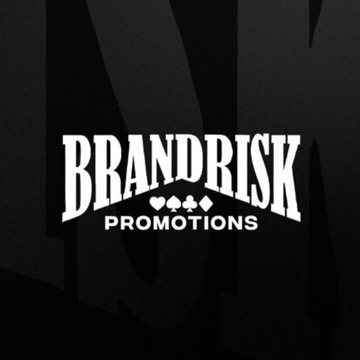The image features a "BRAND RISK PROMOTIONS" logo in bold white text on a dark background, with card suit symbols (spades, hearts, clubs, diamonds) between the words. This relates to the post as Brand Risk Promotions is the organization hosting the upcoming Rainbet Brand Risk event on October 16th, which is set to feature Clavicular and Sneako as the main event following their recent online feud.