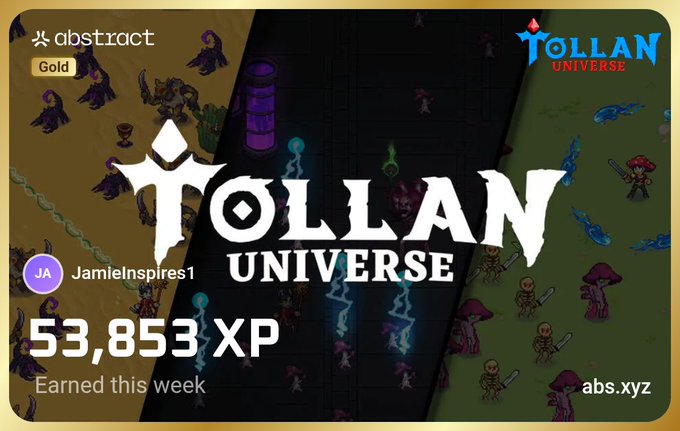 In the image, a logo for a video game named "Tollan Universe", featuring two characters from different planets (one green and one purple) on the left side of the frame against a black background with white text indicating that the player has earned 53,853 XP for completing an achievement. The post in the bottom right corner of the image is written by @AbstractChain, which is a user's social media account located below the game's post description and logo.