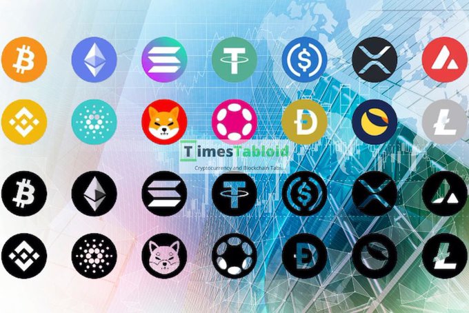 A graphic from 'TimesTabloid' displaying various cryptocurrency logos including Bitcoin, Ethereum, Solana, Dogecoin, and XRP.