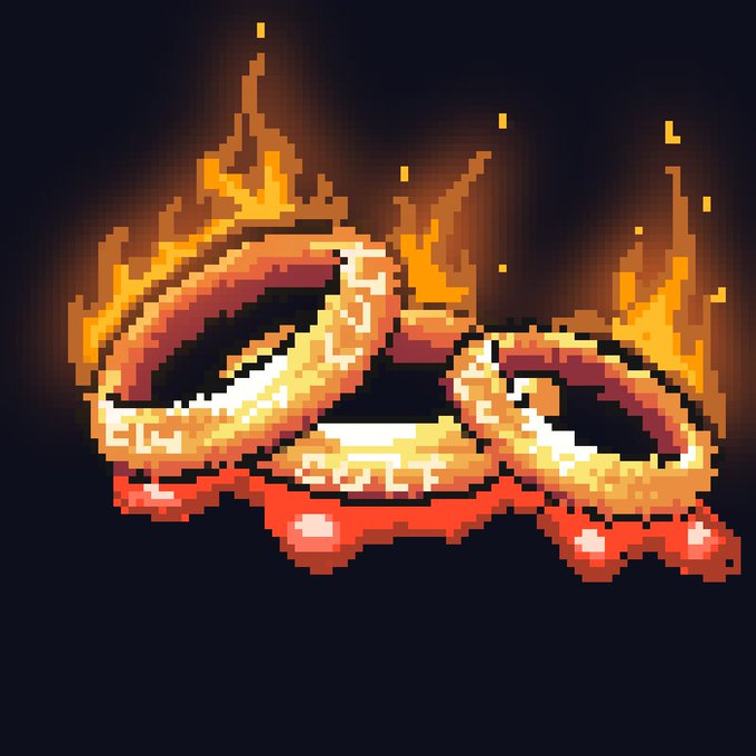 A pixel art image showing fiery rings, possibly resembling a cult symbol or portal, engulfed in flames against a dark background. The flaming rings evoke themes of initiation, ritual, and the fiery trials associated with the cult's opening application, as suggested by the post about proving one's worth to join the "cultnft.fun" community.